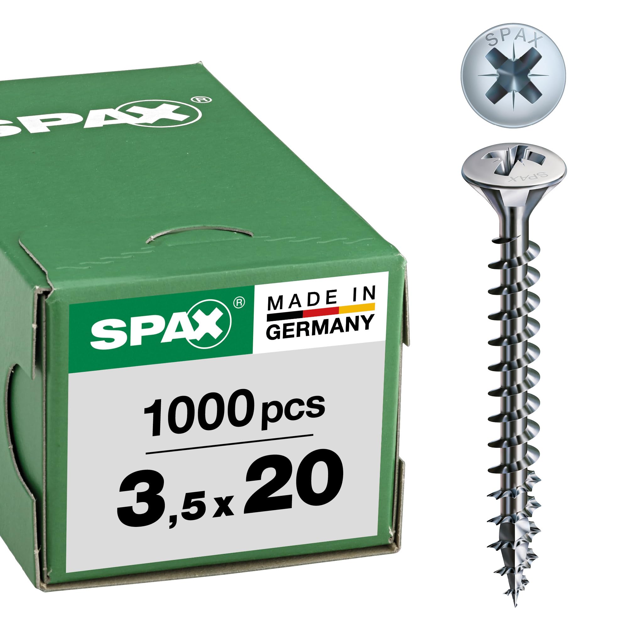 SPAX Universal Screw, 3.5 x 20 mm, Pack of 1000, Phillips Z2, Raised Countersunk Head, Fully Threaded, 4CUT, WIROX A3J, Blank Galvanised, 0241010350205