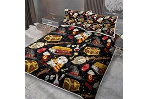 MILANKET 3pcs Magic Book Print Quilt Set Full Size for Kids Black Bedspread Broomstick Coverlet Lightweight Microfiber Bedding Set with 2 Pillow Shams