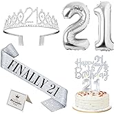 21st Birthday Decorations for Her Silver, 21st Birthday Tiara and Finally 21 Sash, Cake Topper and Candles, Silver Number Balloons