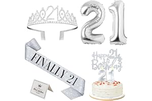 YEOHJOY 21st Birthday Decorations for Her Silver, 21st Birthday Tiara and Finally 21 Sash, Cake Topper and Candles, Silver Number Balloons