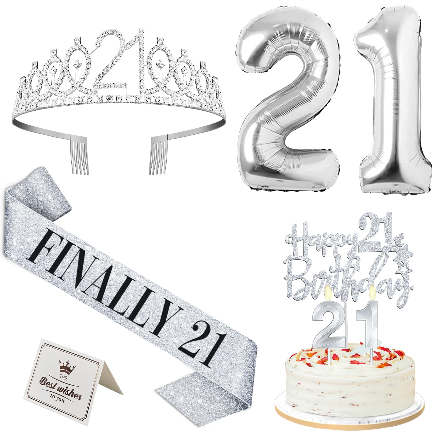 Photo 1 of 21st Birthday Decorations for Her Silver, 21st Birthday Tiara and Finally 21 Sash, Cake Topper and Candles, Silver Number Balloons