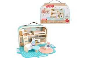 Fisher-Price Wood Pretend Play Toy Dollhouse Carry Along, 15-Piece Wooden Portable Playset for Travel Preschool Kids Ages 3+ 