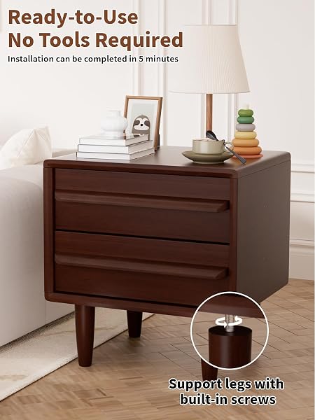 SOLID OAK WOOD NIGHTSTAND, MID-CENTURY MODERN BEDSIDE TABLE WITH 2 DRAWERS, CURVED PROFILE END TABLE WITH STORAGE & SOLID WOOD FEET FOR BEDROOM, EASY ASSEMBLY, DARK WALNUT COLOR (15.7″DX17.7″WX21.6″H