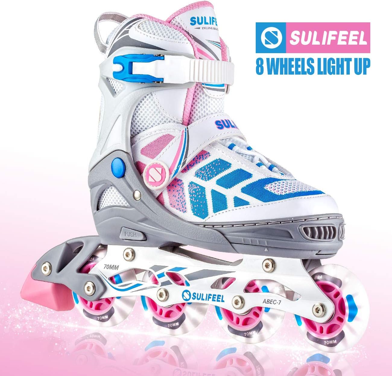 SULIFEEL Arigena 4 Size Adjustable Light up Inline Roller Skates for Girls and Boys, Roller Skates for Kids and Women Adults Red Purple Green
