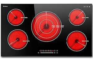Karinear 36 Inch Electric Cooktop, 5 Burners Electric Stove Top, Built-in Glass Radiant Electric Ceramic Cooktop, Expandable Zones, Lock, Timer, Pause,9200W 220~240v Hardwired(No Plug)