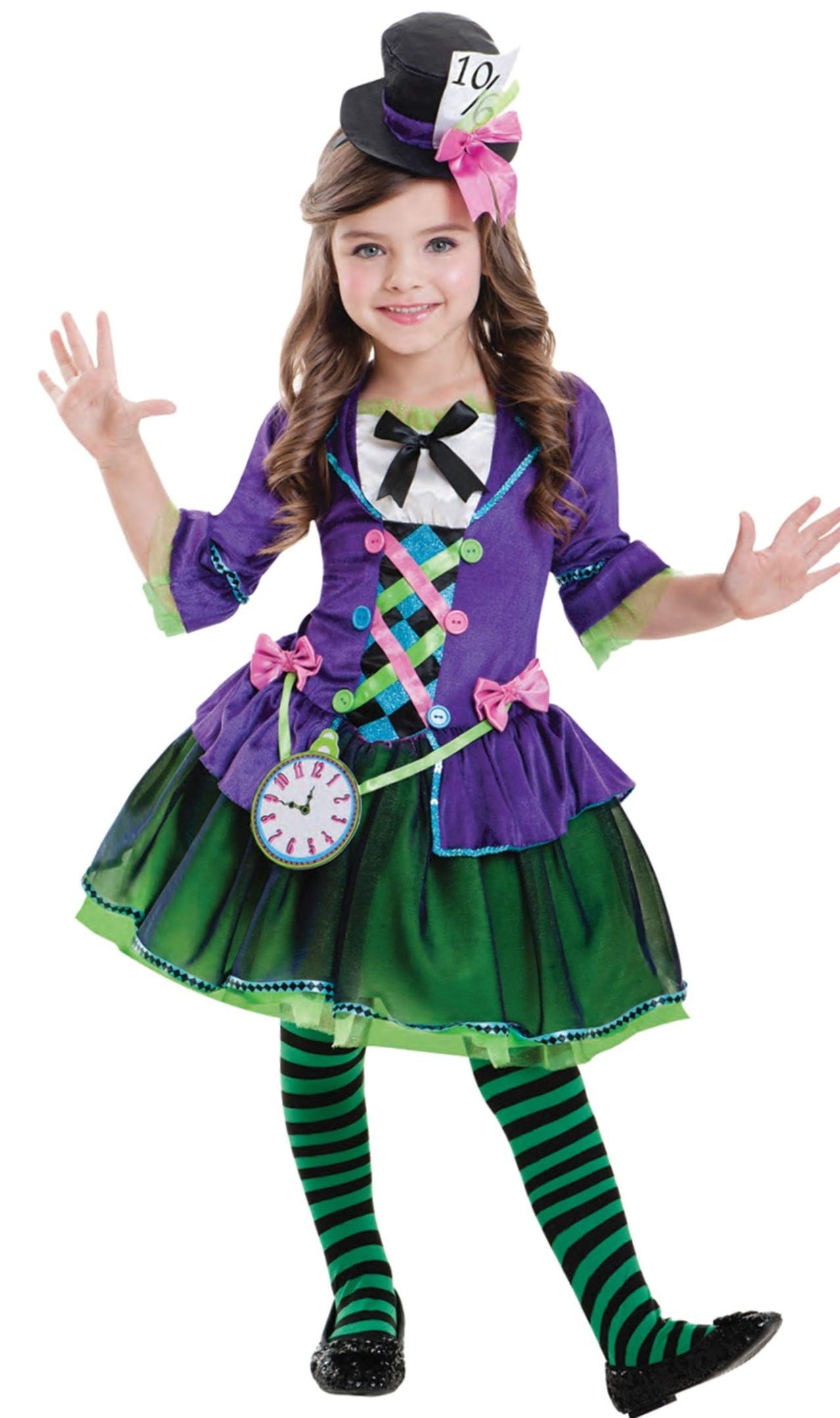 amscan 9903193 Colorful Miss Mad Hatter Costume with Clock Badge and Hat headband - Age 5-6 Years - 1 PC, Multi-colored