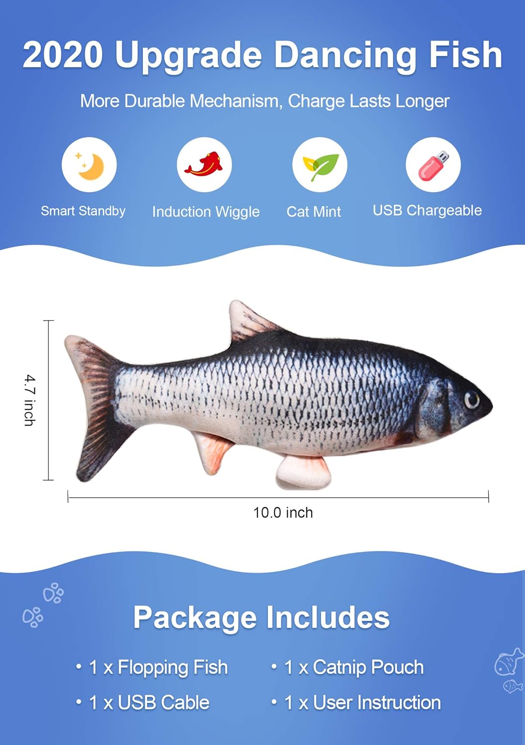 Potaroma Electric Moving Cat Kicker Fish Toy 10", Realistic Flopping Fish, Wiggle Fish Kitten Catnip Toy, Interactive Cat Toy : Pet Supplies