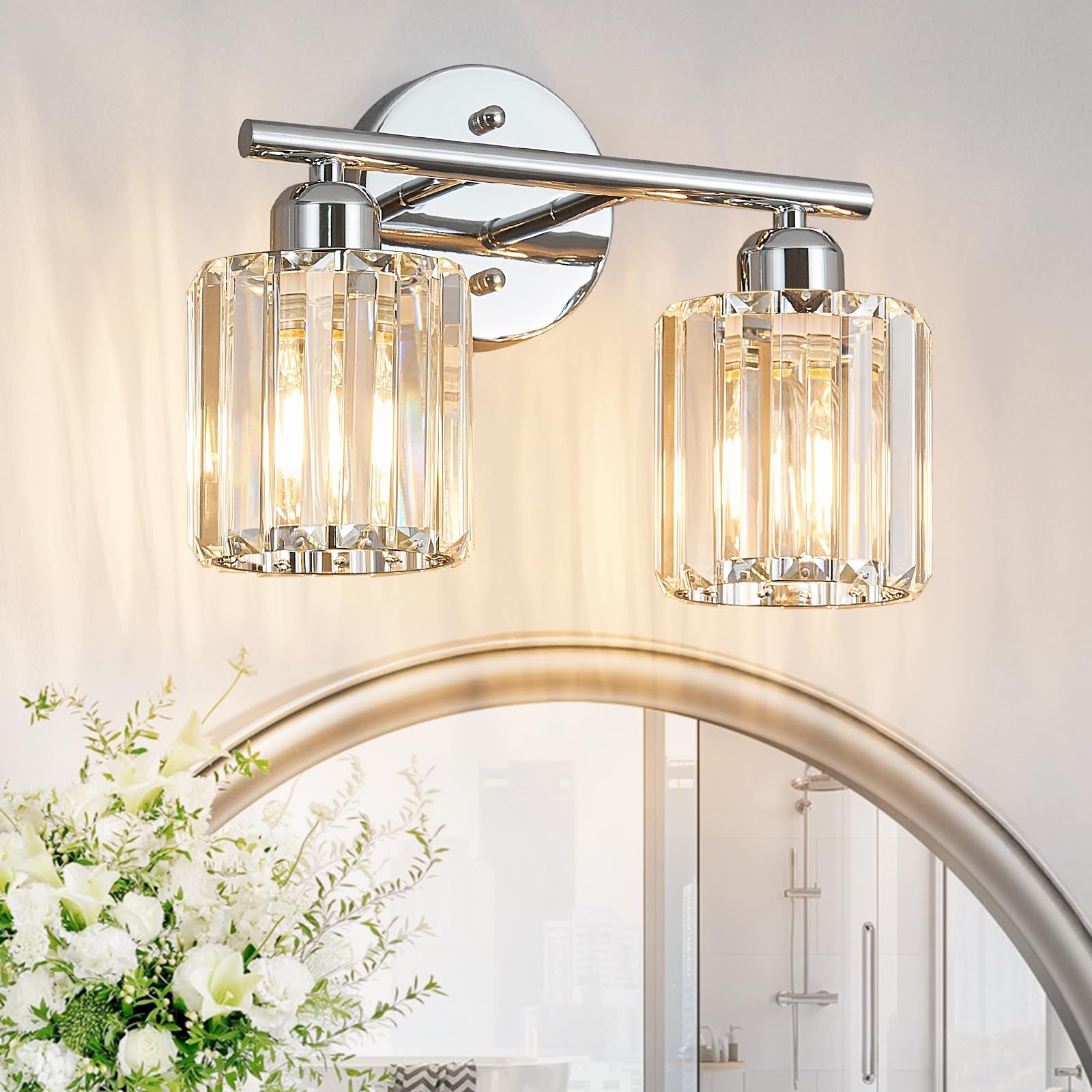 Photo 1 of FDPBY Modern 2 Light Crystal Vanity Light, Chrome Vertical Bathroom Light Fixture Over Mirror for Dressing Table Sink, Compatible with Dimmable Bulbs (Bulbs Not Included)