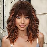 AISI HAIR Ginger and Brown Synthetic Wavy Curly Bob Wig with Bangs Short Wavy Hair for Women Synthetic Heat Resistant Bob Wigs