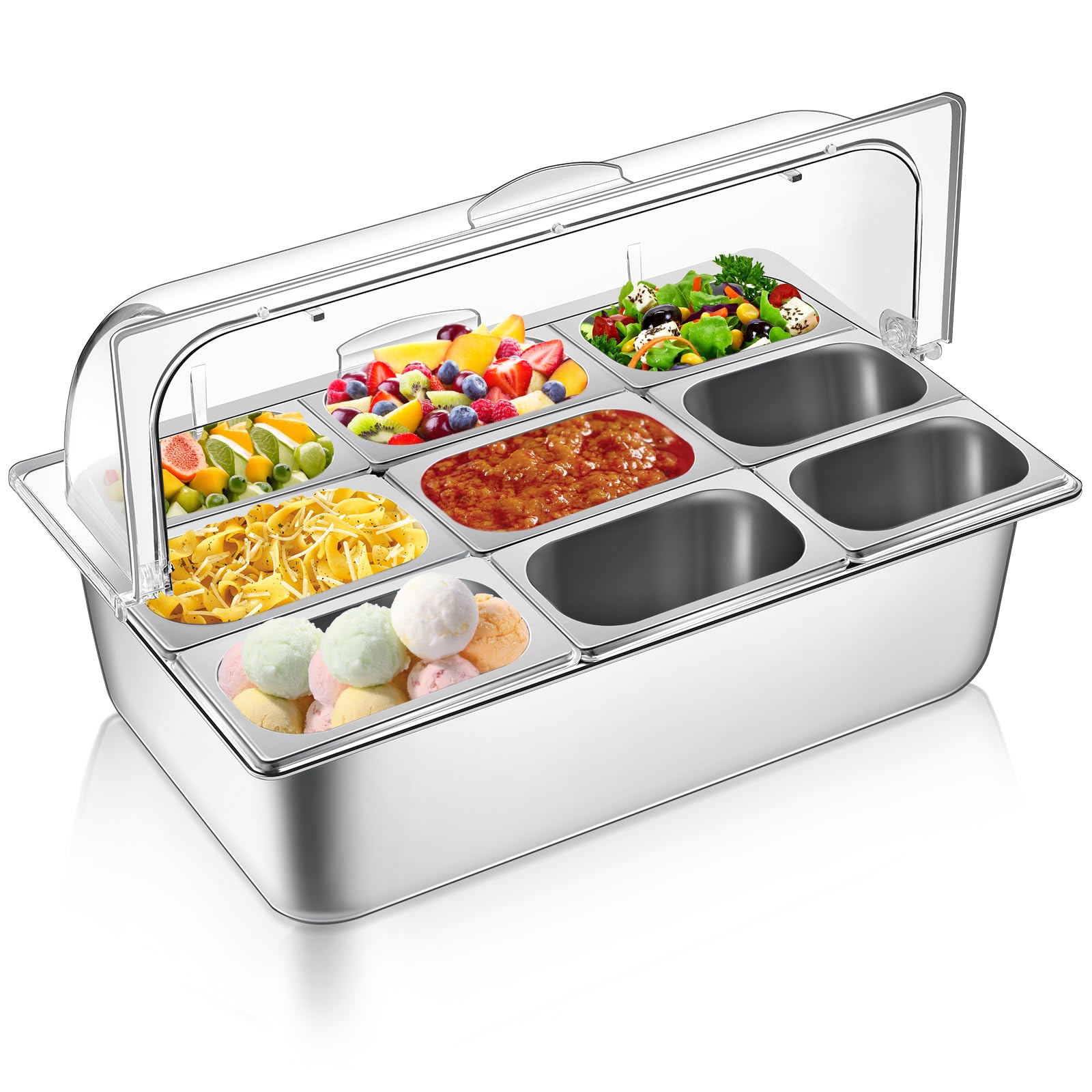 Photo 1 of Ziliny Countertop Food Serving Display Container and Clear Roll Top Cover Stainless Steel Food Serving Tray Buffet Condiment Dispenser Display Rack for Restaurant Hotel Kitchen Party (9 Pan)