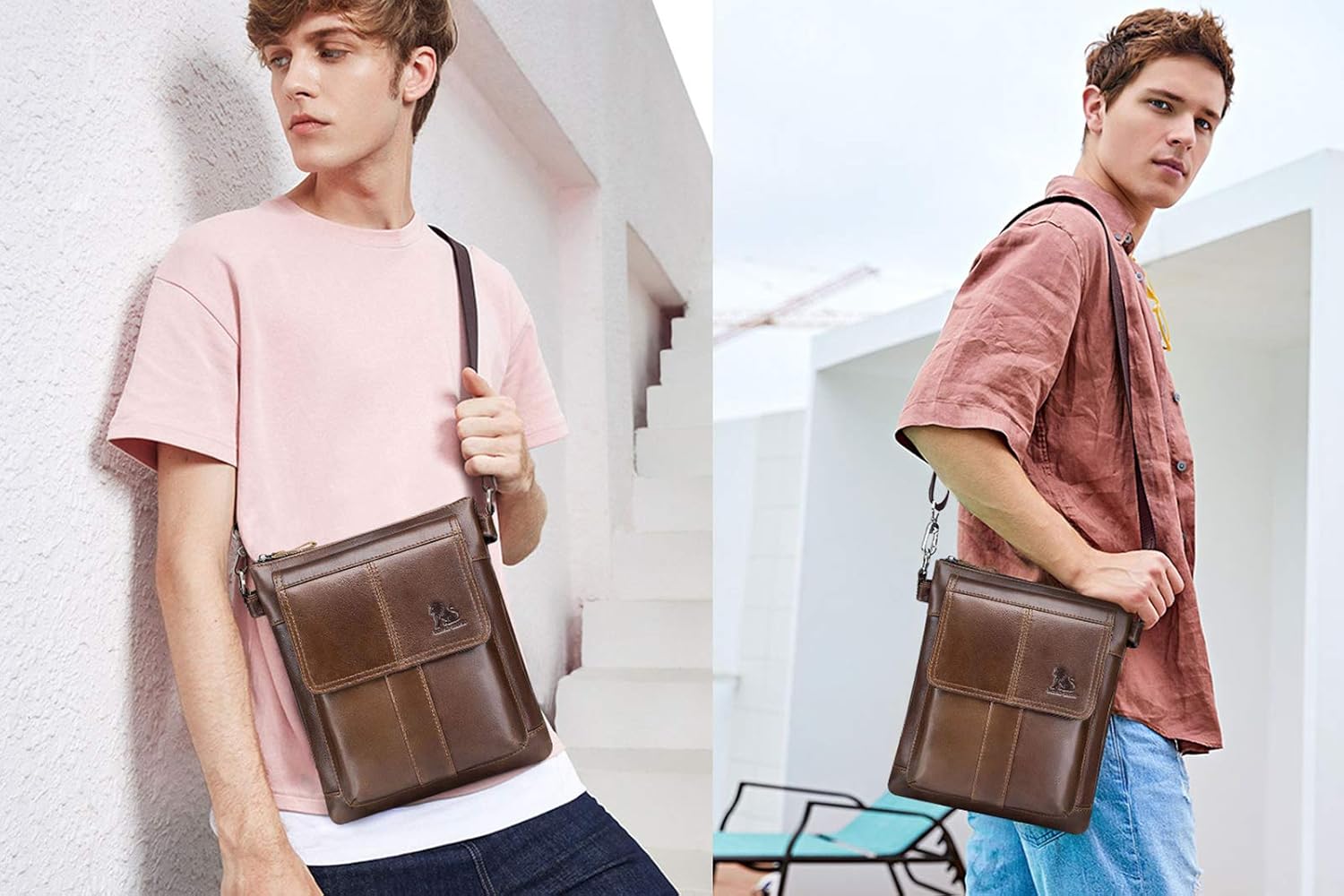 BAIGIO Men's Leather Shoulder Bag Retro Crossbody Pack Brown Messenger Satchel Bag Casual Travel Bags for Phone Wallet Keys Passport Glasses - Image 3