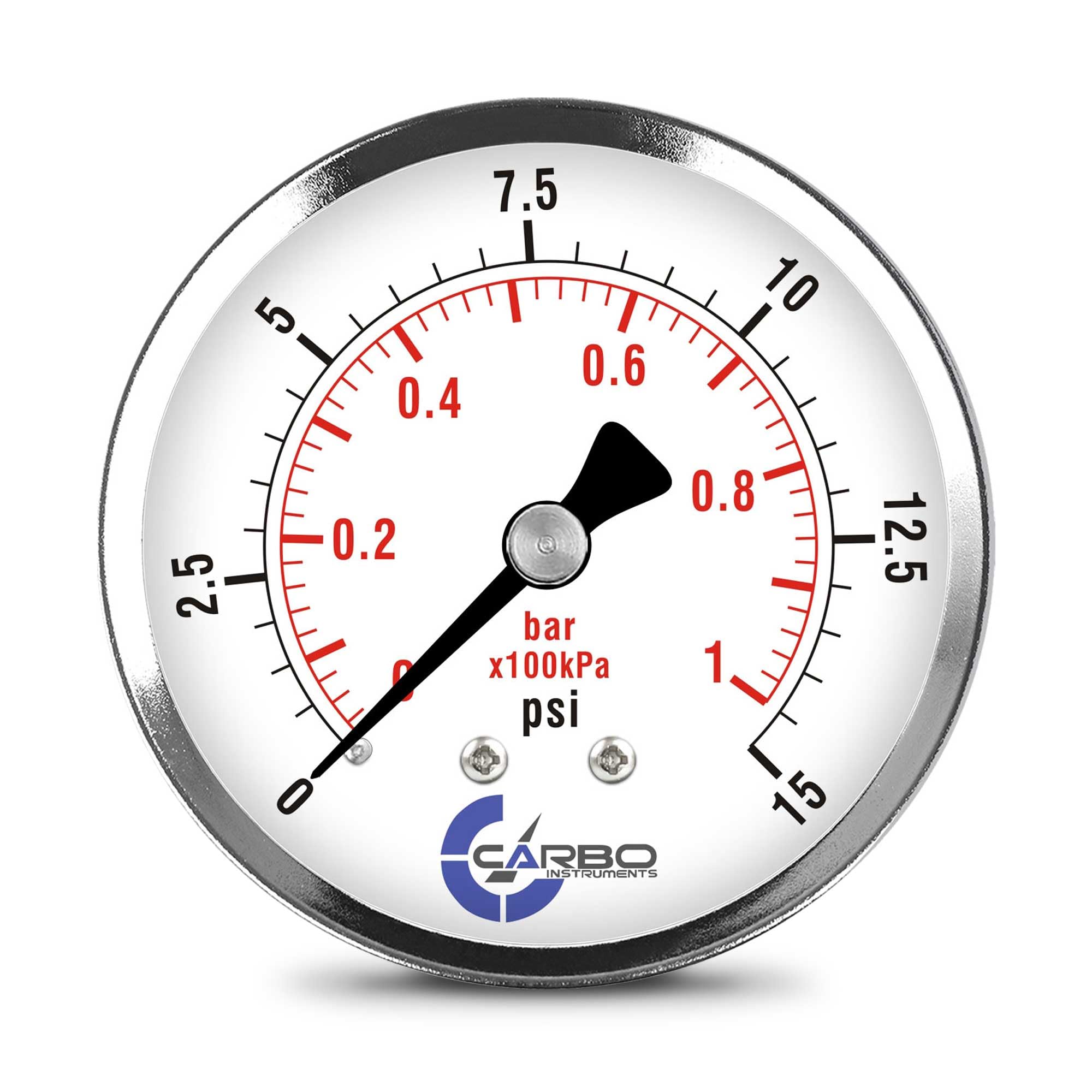CARBO Instruments 2-1/2'' Air Pressure Gauge, Chrome Plated Steel Case, Dry, 0-15 psi/kPa, Back Mount 1/4'' NPT