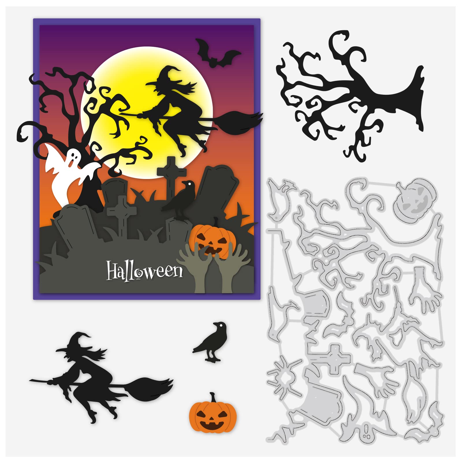 BENECREAT Halloween Theme Cutting Dies, 10x16cm Raven Pumpkin Ghost Witch Broom Embossing Dies for Halloween Scrapbook Card Making DIY Crafts Favors, 0.8mm Thick