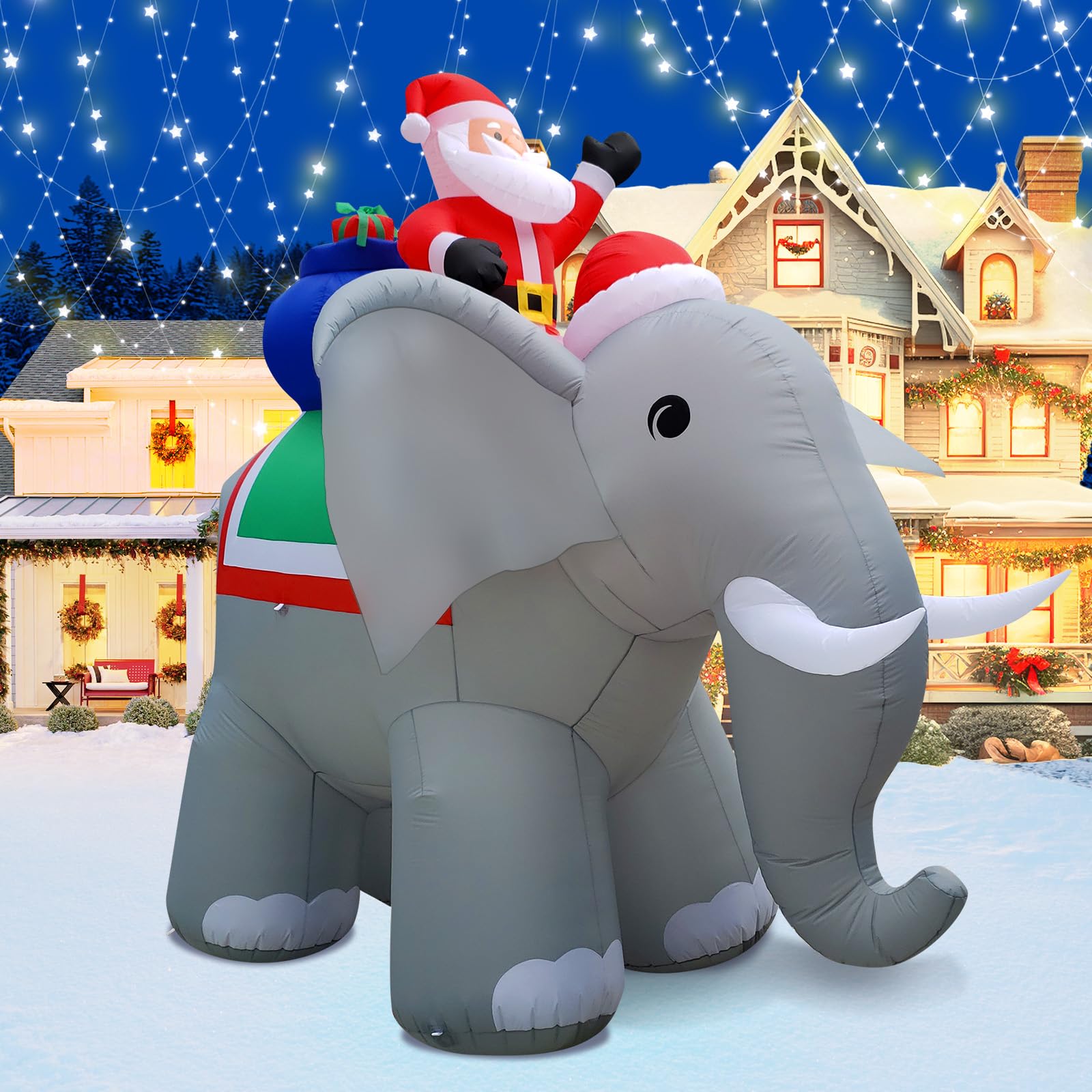 Photo 1 of 12FT Length X 10.5FT Tall Giant Christmas Inflatables Elephant, Christmas Blow Up Santa on Elephant Inflatable Built-in Bright LED Lights for Christmas Inflatable Outdoor Decoration Xmas Gift Party