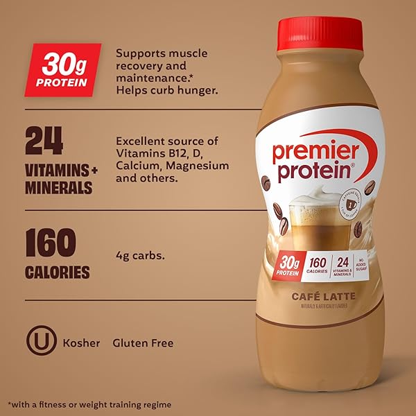 PREMIER PROTEIN SHAKE, CAFÉ LATTE, CAFFEINATED, 30G PROTEIN, NO ADDED SUGAR, 24 VITAMINS & MINERALS TO SUPPORT IMMUNE HEALTH, 11.5 FL OZ, 12 PACK (PACKAGING MAY VARY)