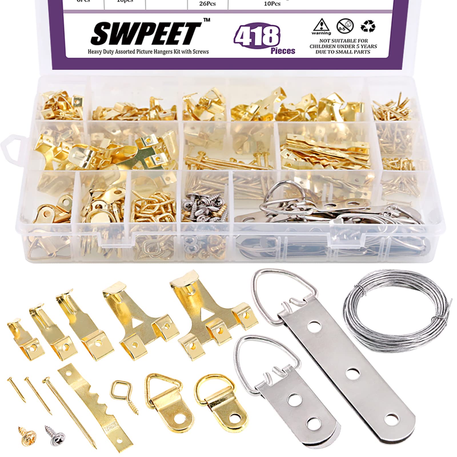 Picture Assortment Kit, 500 Pcs 10Ibs-75Ibs Heavy Duty Hanging with Hanger, Hooks, D Ring, Nails, Eye Screws, Sawtooth Hangers, Steel Twisted Wire