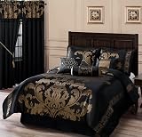 Chezmoi Collection 7-Piece Jacquard Floral Comforter Set, King, Black Gold view 2