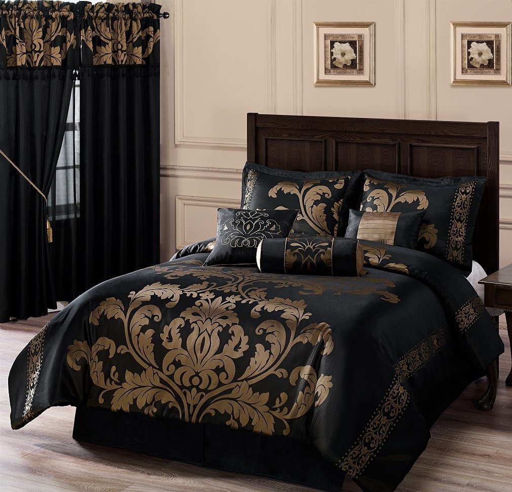 Photo 1 of ***MISSING PIECES -SELLING AS INCOMPLETGE*** Chezmoi Collection Royale-Piece Jacquard Floral Comforter Set, Oversized Queen, Black/Gold