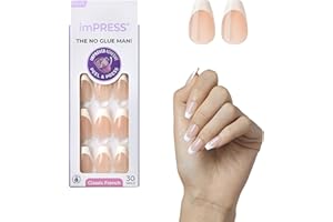 KISS imPRESS No Glue Mani Press On Nails, Classic, 'Ideal', Beige, Medium Size, Coffin Shape, Includes 30 Nails, Prep Pad, Instructions Sheet, 1 Manicure Stick, 1 Mini File