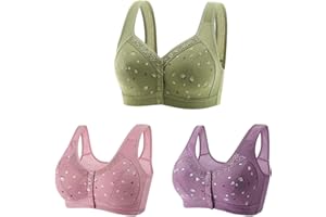 LMDUDAN 3 Pack Medium Elderly Women Button Front Closure Bras Wireless Cotton Everyday Soft Cup No Pads Bras Underwear