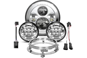 Dot Appoved Chrome 7inch LED Headlight with 4.5inch Matching Chrome Passing Lamps Compatible with H arley Motorcycles with Ad