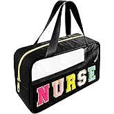 Bunliuys Chenille Letter Clear Makeup Bag Nurse Patch, Travel Toiletry Makeup Bag with Handle, Nylon Waterproof Makeup Bags clear cosmetic bag, preppy patch makeup bag for Women (NURSE-Black)