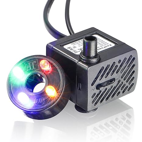 Koopower Mini Wasserpumpe mit LED 180L/h 3.5W kleines Aquarium, Garten, Brunnen, Gartenteich Springbrunnen, Aquariumpumpe.