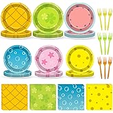 96Pcs Yellow Cartoon Party Plates and Napkins Cartoon Themed Party Decorations Ocean Paper Plate Under the Sea Animal Disposable Tableware Set for Boys Girls Birthday Decorations Baby Shower Serves 24