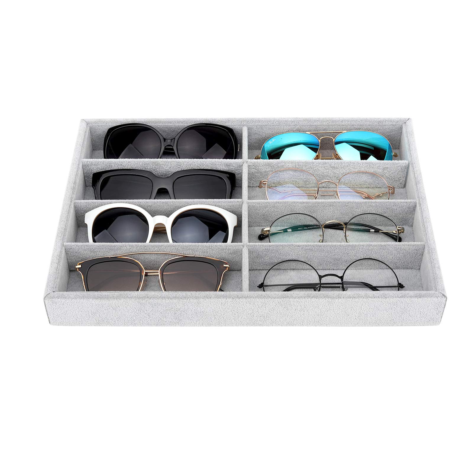 Emibele Glasses Organizer Jewelry Tray, 8 Grids Velvet Tray Jewelry Storage Stackable Jewelry Showcase Display Storage with Detachable Inner Dividers, Grey