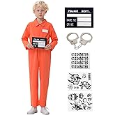Ezuwail Prisoner Costume Kids Orange Prison Jumpsuit Inmate Jail Criminal Convict Halloween Costume For Boys Girls 6Pcs