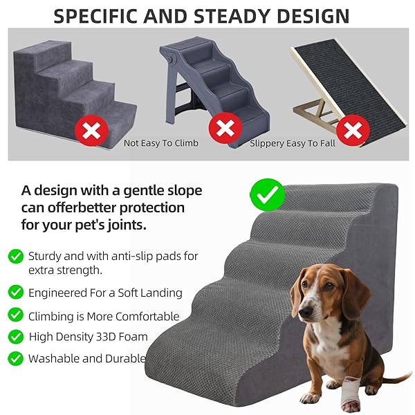 7 STEP PET STAIRS RAMP FOR HIGH BEDS SOFAS 22-42 INCH, NON-SLIP DOG STAIRS FOR SMALL OLD MEDIUM LARGE XL DOGS CATS, STURDY 75 POUNDS 33D FOAM BALANCED 6-TIER LADDER WITH MACHINE WASHABLE COVER