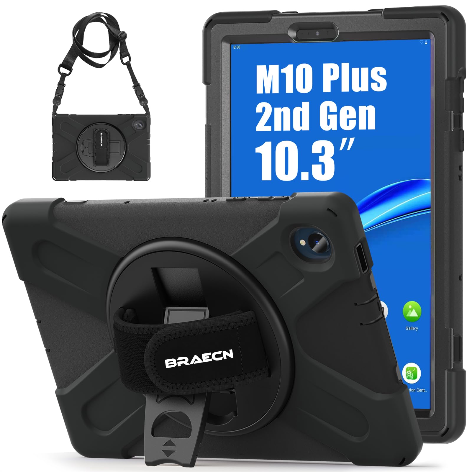 BRAECN Case for Lenovo Tab M10 FHD Plus 2nd Gen 2020 / Tab K10 10.3 inch, Heavy Duty Rugged Case with Carrying Shoulder/Handle Hand Strap, 360°Rotating Stand for TB-X606F/TB-X606X/TB-X6C6 - Black
