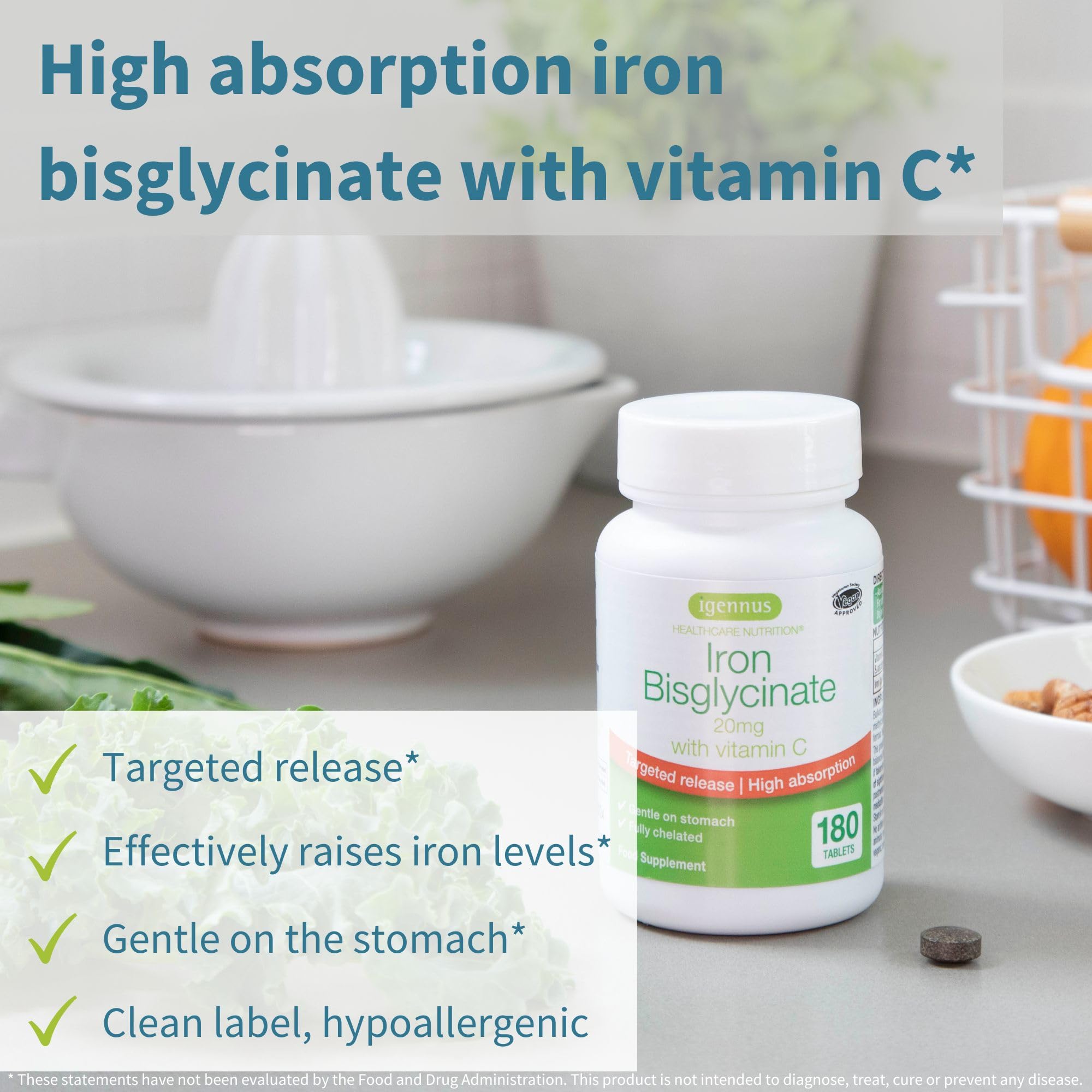 Igennus High Absorption Chelated Iron Bisglycinate 20mg, Vitamin C, 6 Month Supply, Gentle Formula, Clean Label & Targeted Release Ferrous Bisglycinate for Women and Men, One Daily, Vegan, 180 Tablets