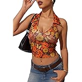 Verdusa Women's Floral Print Backless Halter V Neck Slim Fitted Crop Top Tanks