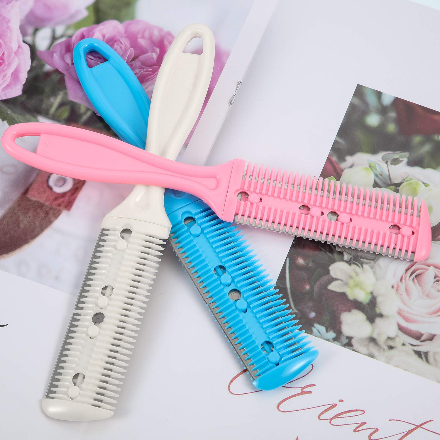 3 Pieces Razor Comb with 10 Pieces Razors, Hair Cutter Comb Cutting Scissors, Double Edge Razor, Hair Thinning Comb Slim Haircuts Cutting Tool (White, Pink, Blue) : Beauty