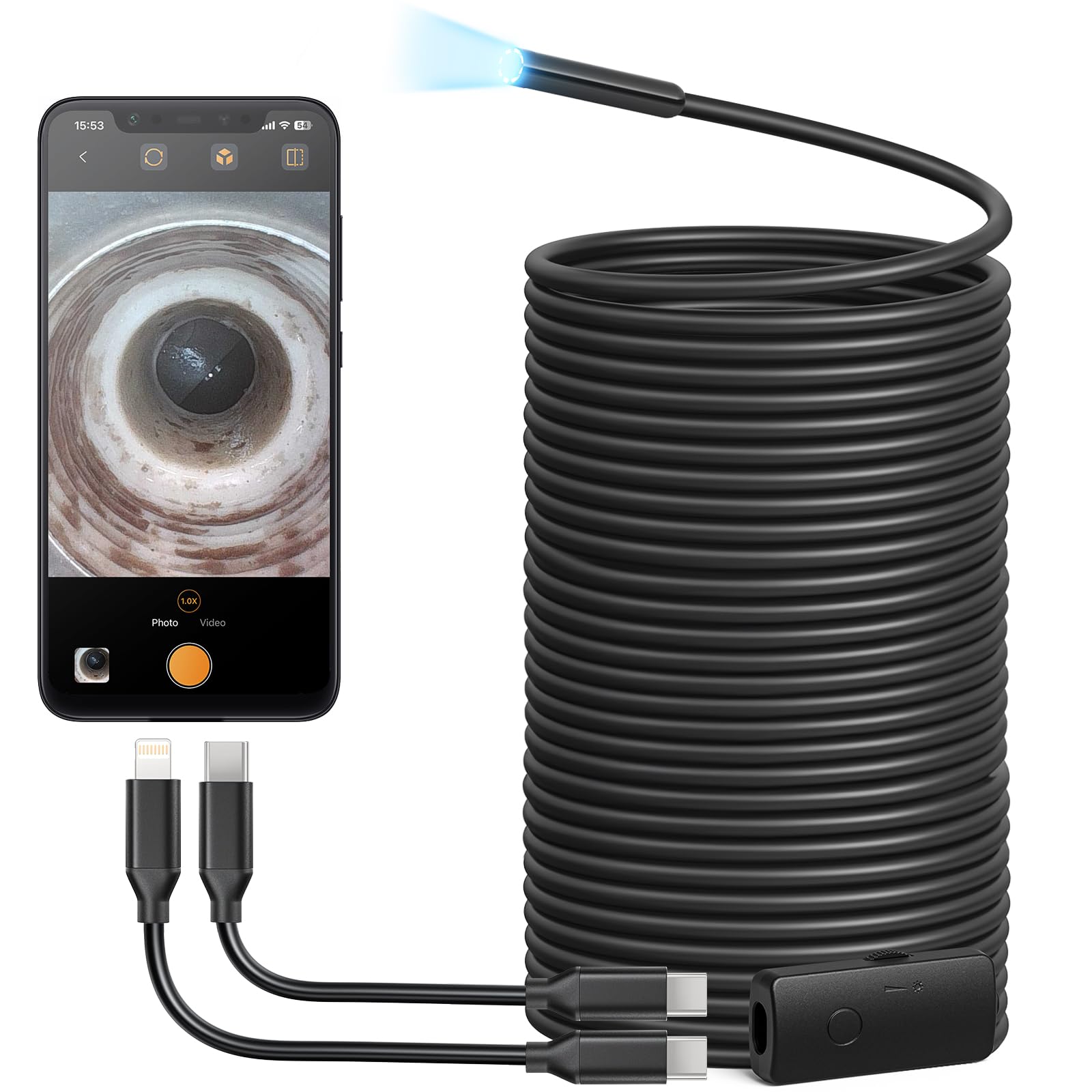 Photo 1 of Anykit Usb scope Camera with 8 Adjustable LED Lights, Borescope with Semi-Rigid Snake Camera, IP67 Waterproof Inspection Cam Compatible with iPhone and Android Devices (50 ft)