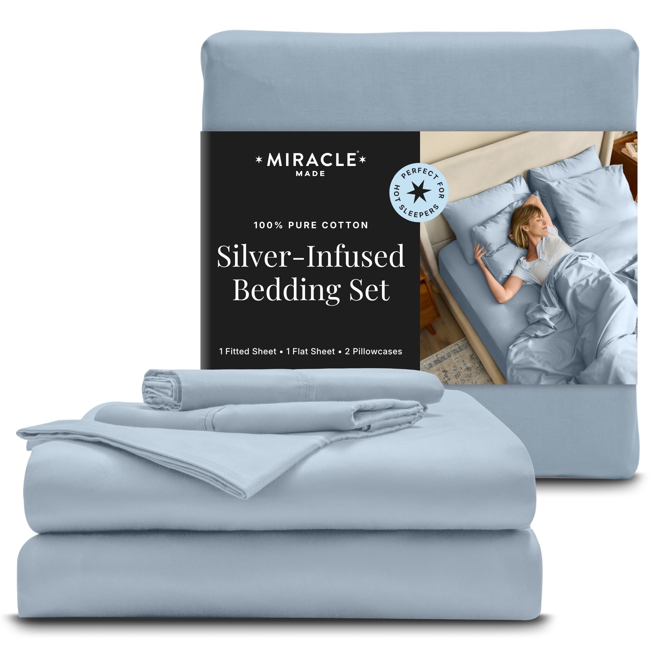 Photo 1 of Miracle Made Breathable Cotton Bed Sheets, 4-Piece Set ā Silver-Treated, Soft and Cool-to-the-Touch Lightweight Bedding Designed for Hot Sleepers ā King Size, Sky Blue