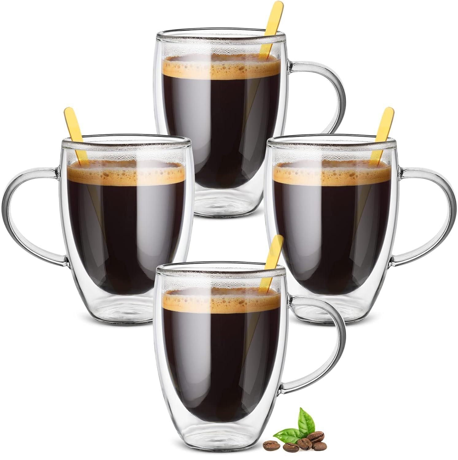 Cappuccino Glass Mugs, (Set of 4) 350ml Double Walled Espresso Mug Cups Glass Mug Set with 4 Golden Spoon, Drinking Coffee Cups with Handle, Clear Glass Mugs for Latte, Cappuccino, Tea Bag, Juice