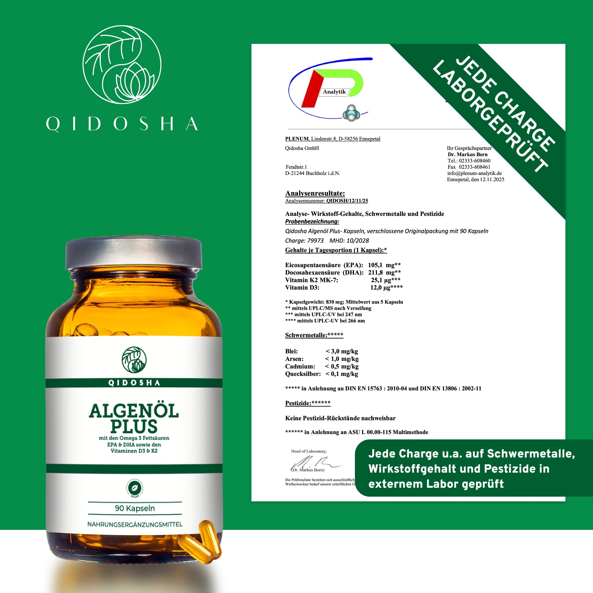 QIDOSHA® Omega 3 Algenöl Kapseln plus Vitamin D3 und K2 mit dem Markenrohstoff "Life's Omega" von DSM aus den Niederlanden, 90 vegane Kapseln im Apothekerglas 4