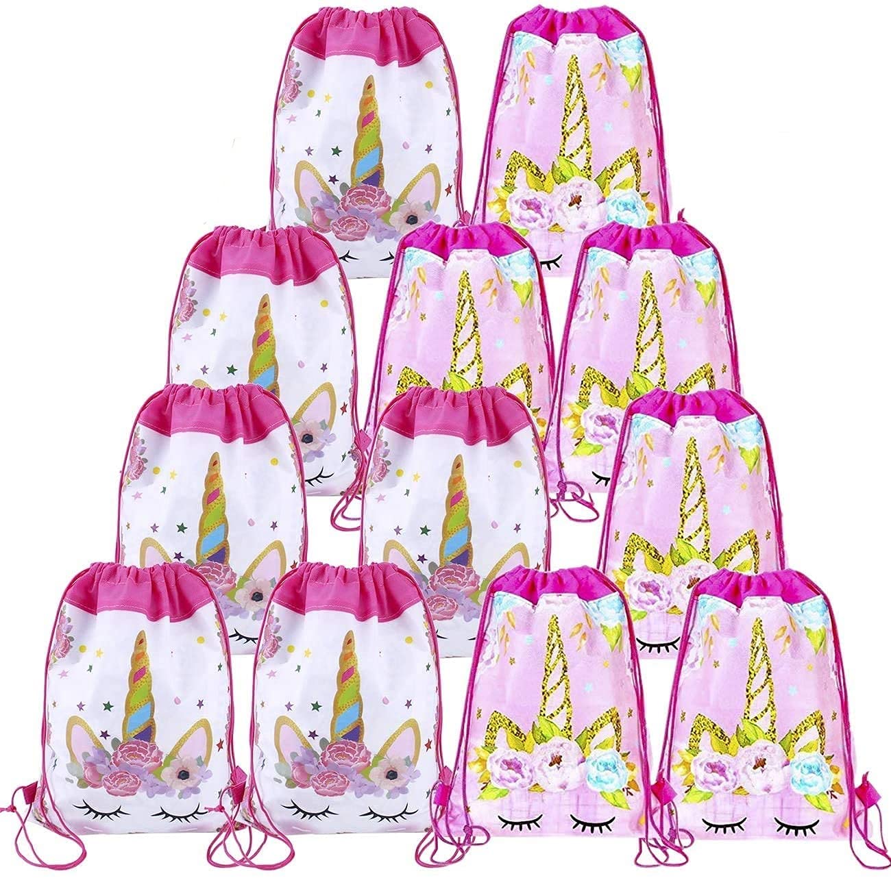 LATERN 12Pcs Unicorn Drawstring Party Bags, 2 Style Party Supplies Favor Bag Backpacks Candy Chocolate Package Bags for Kids Birthday Party Baby Shower - 34.5 x 28.5cm