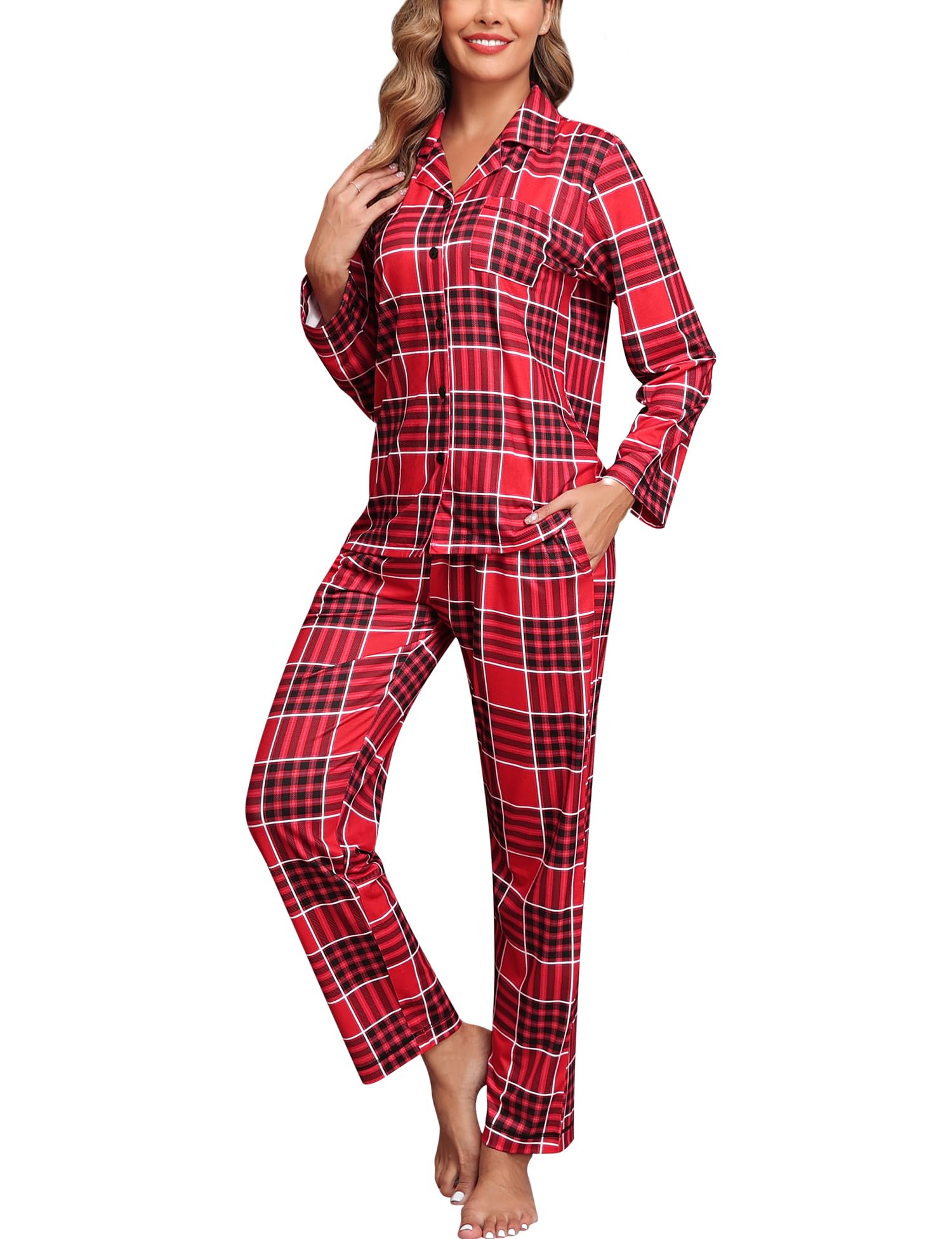 Photo 1 of **pants only**SWOMOG Womens Pajamas Set Long Sleeve Sleepwear Button Down Nightwear 2 Piece Loungewear Soft Pjs with Pockets S-XXL Black Red Black Plaid Medium