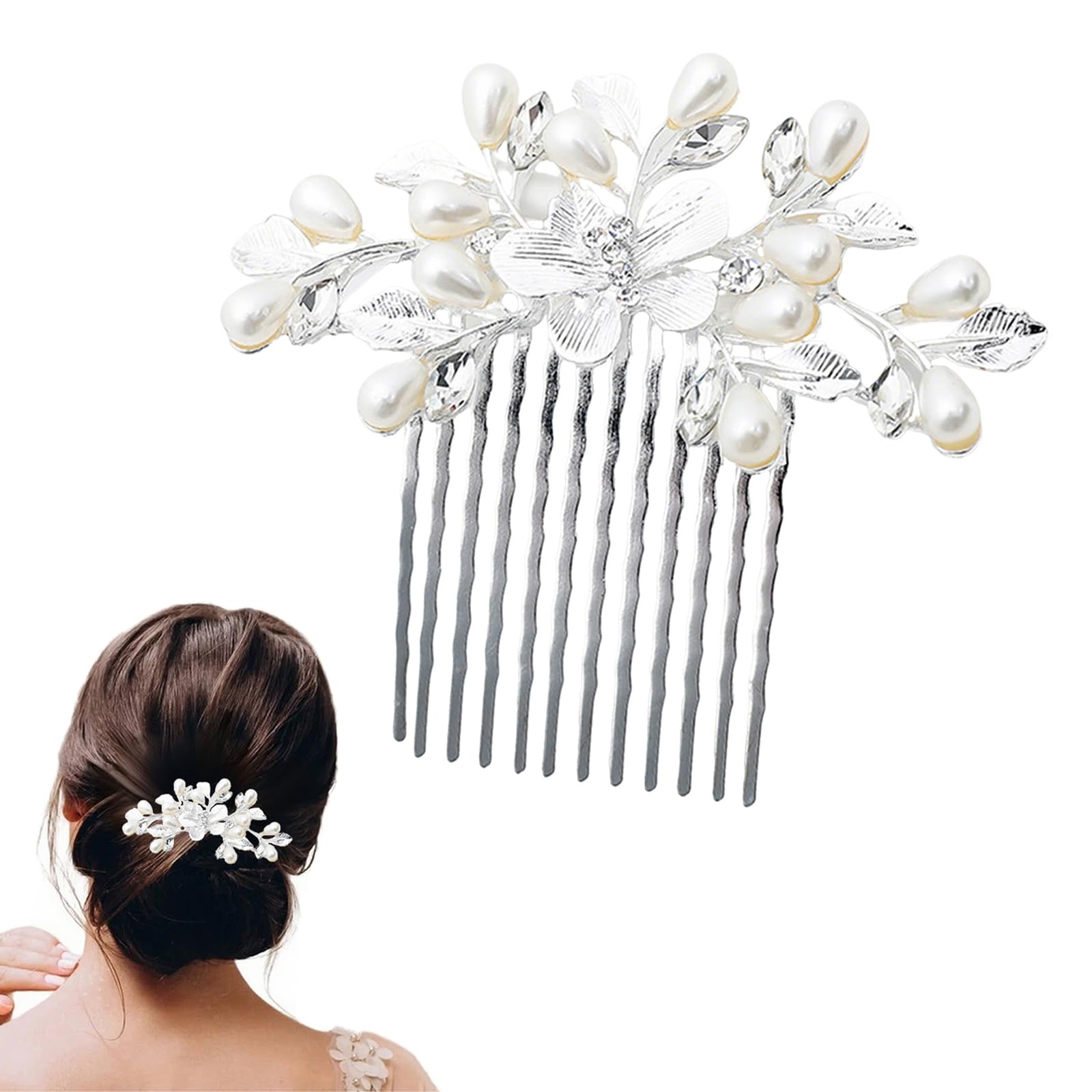 Ling & Bai Bride Wedding Hair Combs Bridal Pearl Headpieces Flower Side Pins Clip Leaf Hairpiece for Women and Girls (Silver)