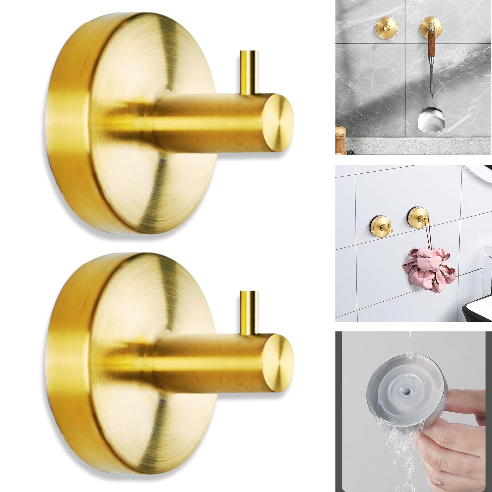 Boxonly Suction Cup Hooks for Shower, Bathroom, Kitchen, Glass Door - Heavy Duty Gold Stainless Steel Towel Holder - Waterproof, No-Drill, 5kg Capacity (2-Pack)