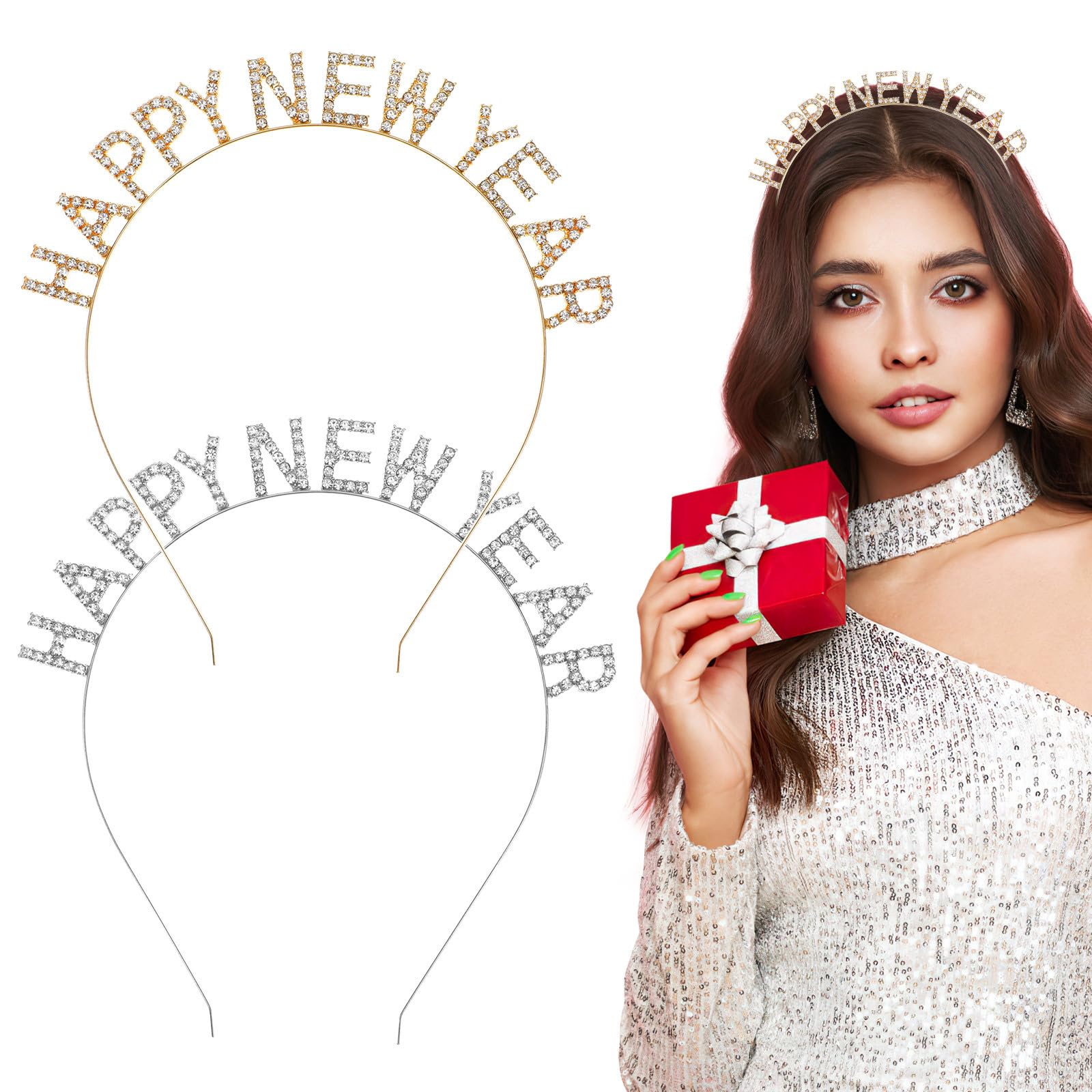 Minkissy 2PCS Happy New Year Headband Rhinestone Headband Tiara 2026 New Year Eve Hair Hoop Headdress for Women Girls Christmas Decoration Party Favors (Golden + Sliver)