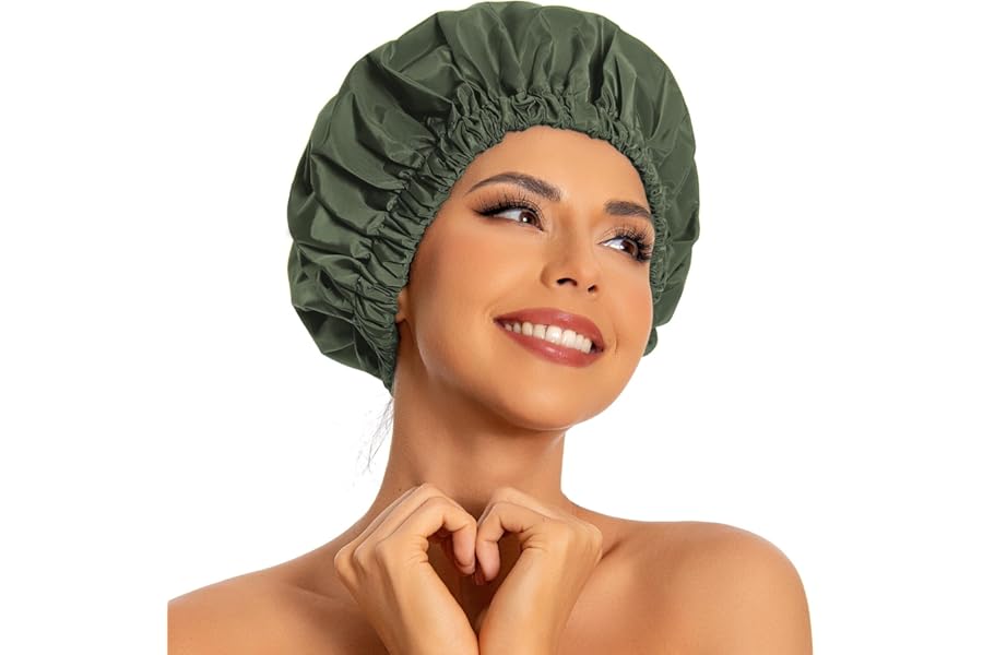 Reusable Shower Cap for Women, Large Waterproof Shower Bonnet Washable Elastic Band Bath Hair Hat for Long Hair, Braids(Green)