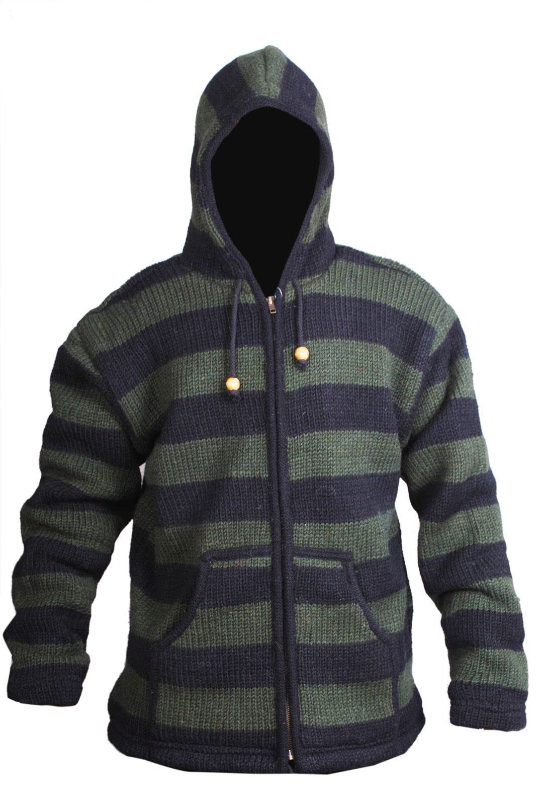 SHOPOHOLIC FASHION Mens Stripe Woolen Fleece Lined Hippy Hooded Jacket, Long Sleeve Comfortable Wool and Fleece Fabric Sweatshirt Jumper with 2 Pockets and Zipper, (S/Green Black)