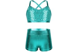 dPois Kids Girls Dance Outfit Strappy Crop Top Sequin Dance Tank and Shiny Metallic Shorts Set Hip Hop Streetwear