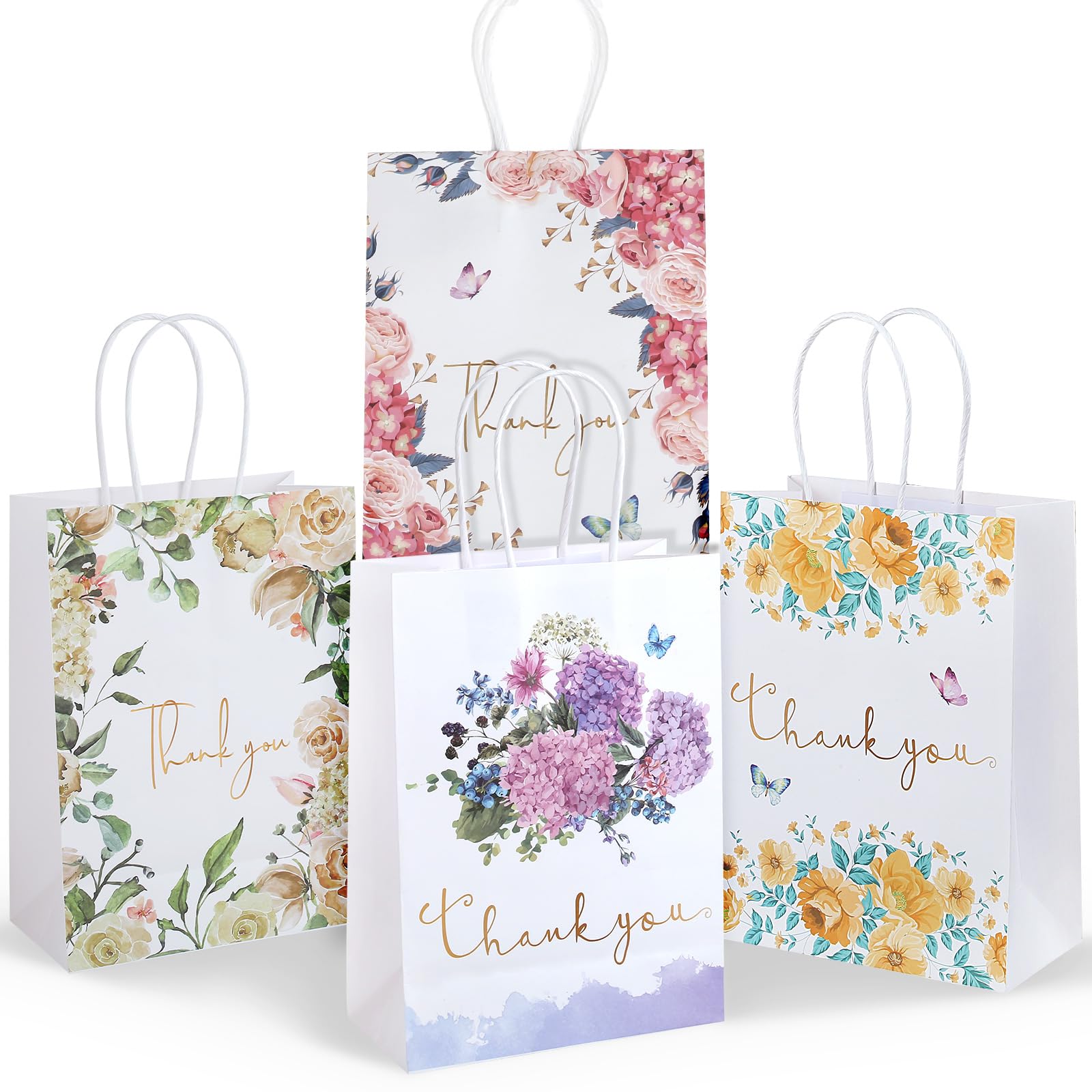 Kesote 24Pcs Small Thank You Gift Bags with Handle, White Kraft Paper Floral Design Return Gift Bags for Wedding Purchasing Baby Shower Birthday Party - 6.3 x 8.7 x 3.2’’