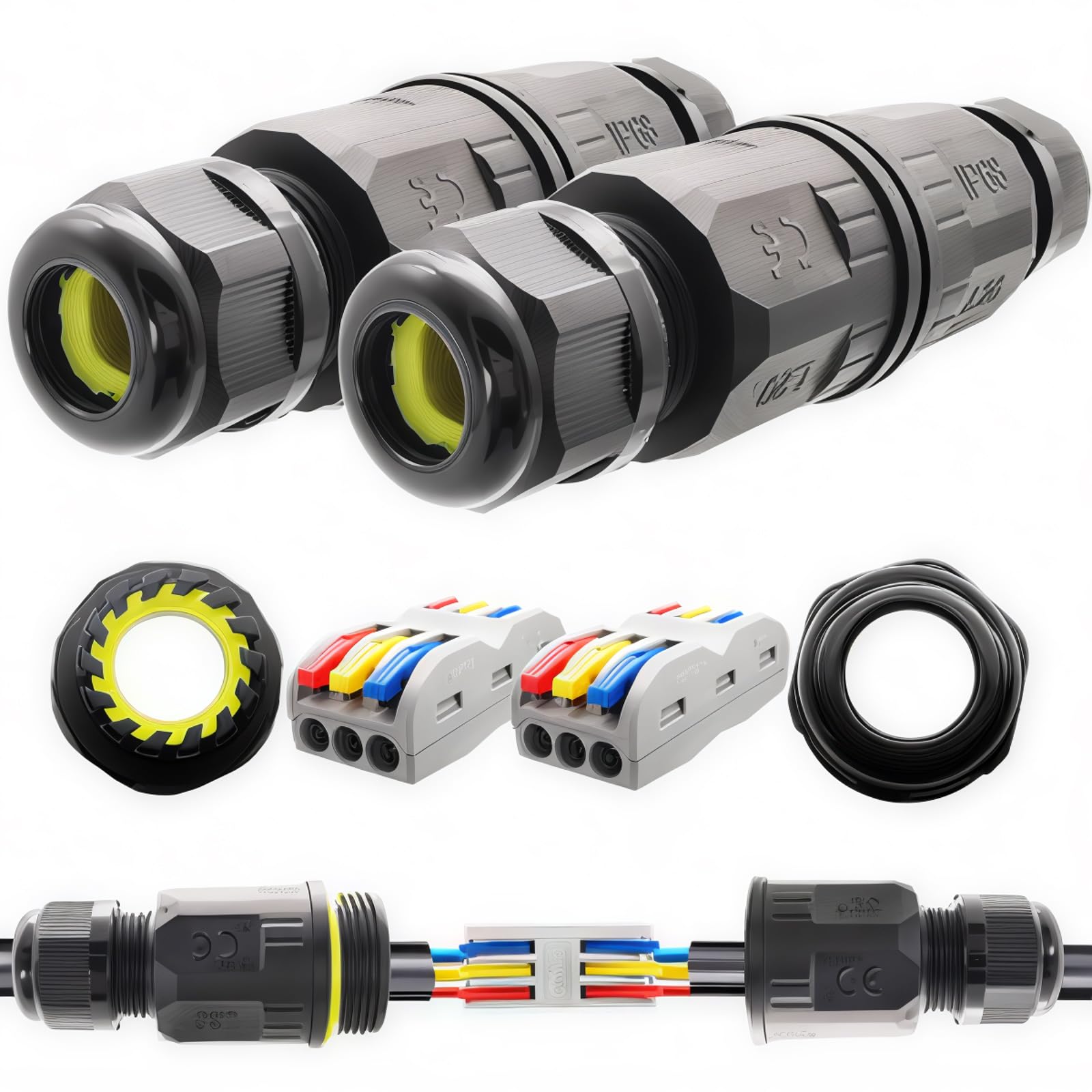 Waterproof Connector CTRICALVER 3-pin Push Pod Terminal Block, L20 Straight Through, IP68, Suitable for Cable Diameter Ø6-9 mm, Waterproof junction box (2 pieces)