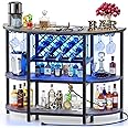 Zarler Bar Cart Bar Table with Power Outlet, LED Home Bar Cabinet for Liquor, Metal Mini Bar Coffee Bar with 4-Tier Storage, Easy to Assemble, Grey